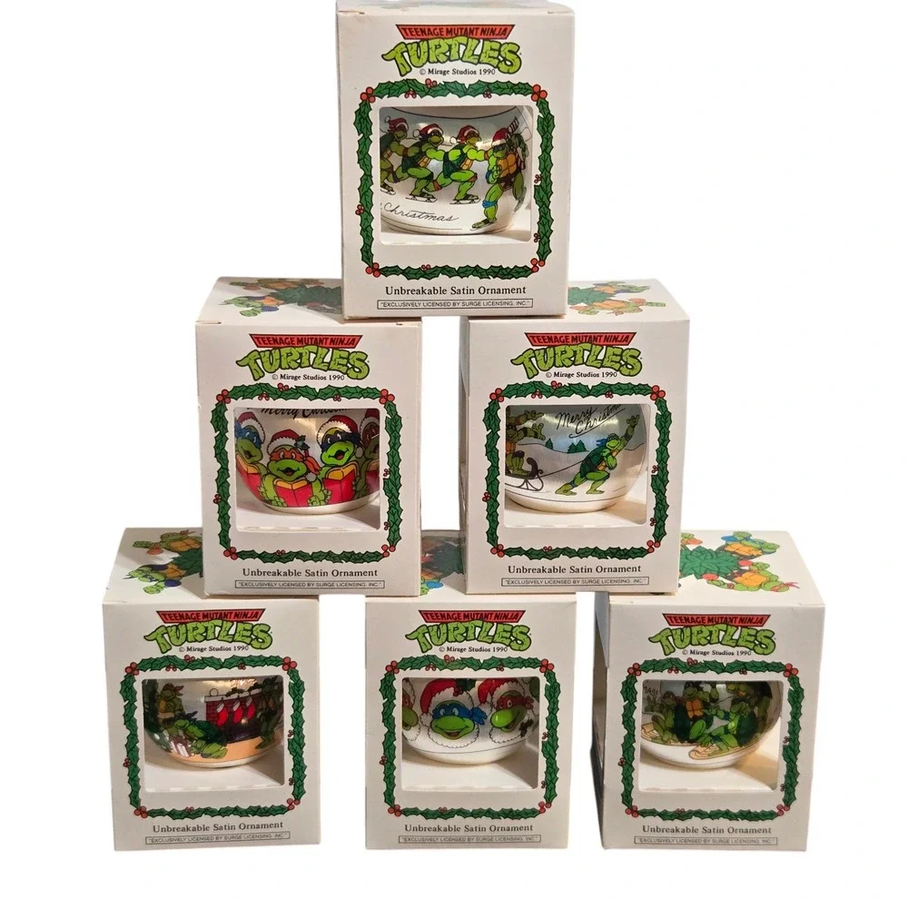 6 Teenage Mutant Ninja Turtles Unbreakable Christmas Ornaments Satin 1990 TMNT